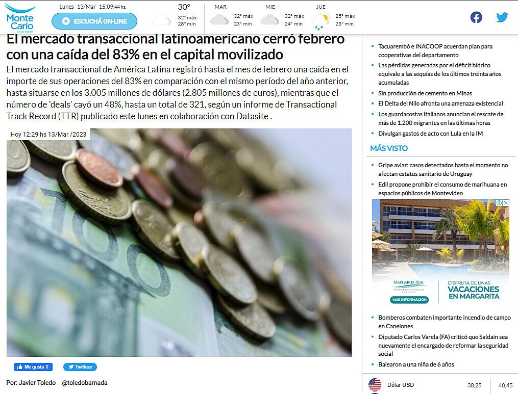 El mercado transaccional latinoamericano cerr febrero con una cada del 83% en el capital movilizado